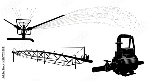 Irrigation system with pump with white illustration irrigation water supply black white distribution agriculture sprinkler equipment machinery