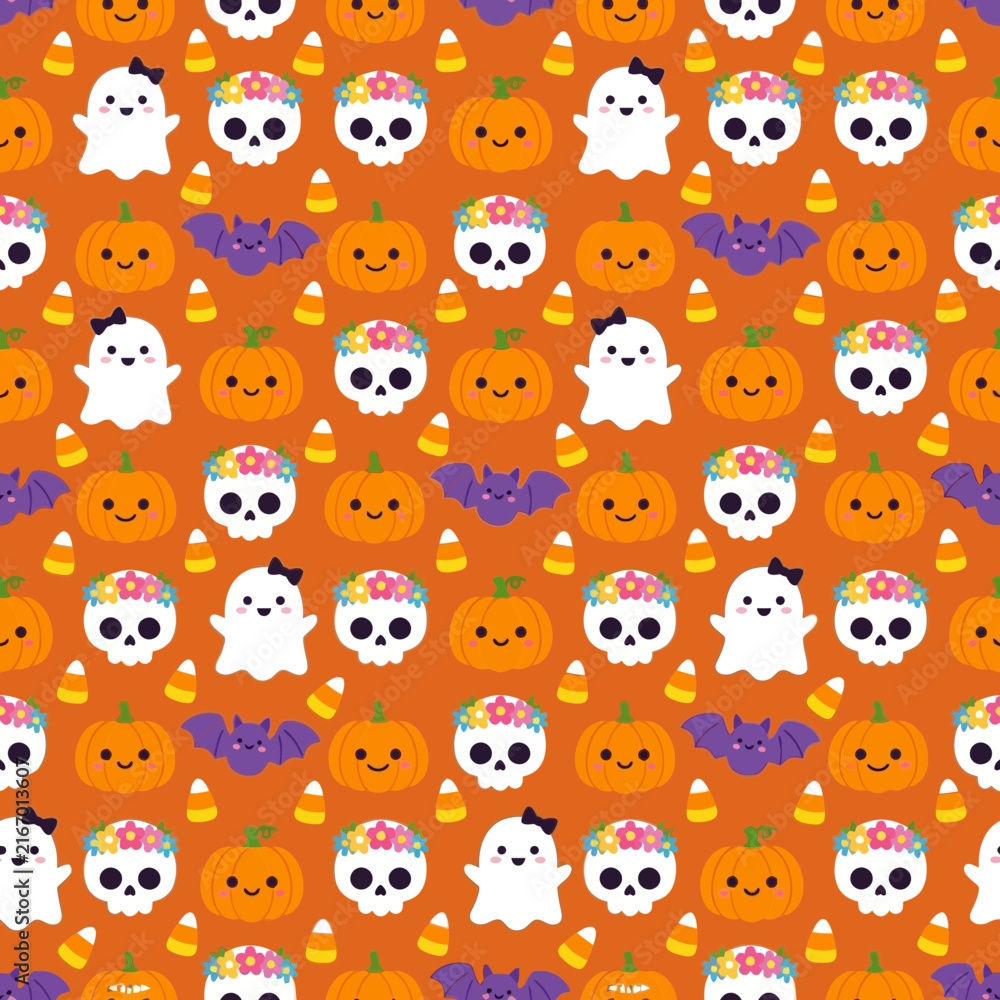 Naklejka premium Cute Kawaii Halloween Characters Seamless Pattern