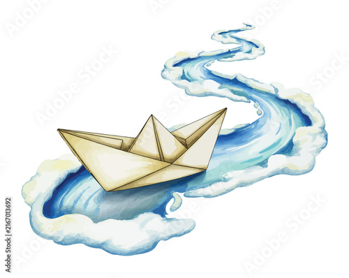 Watercolor Paper Boat Floating on a Sky Stream, Creative Surreal Fantasy Vector Illustration Isolated on White Background