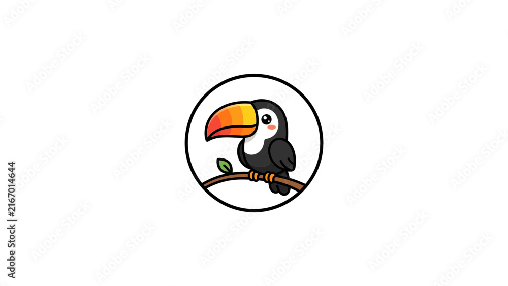 Naklejka premium Pixel art toucan bird in a circular badge frame.