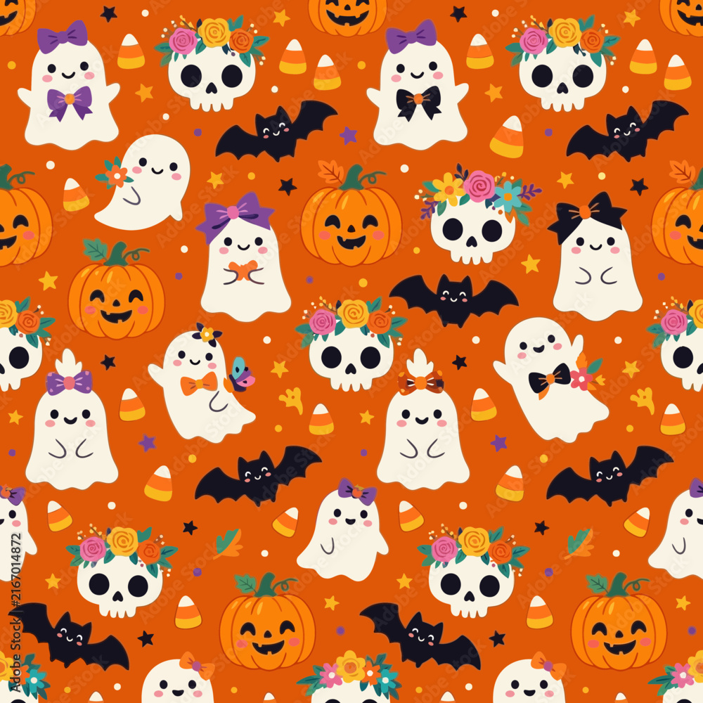 Fototapeta premium Cute Halloween Characters Pattern with Ghosts, Skulls, and Pumpkins