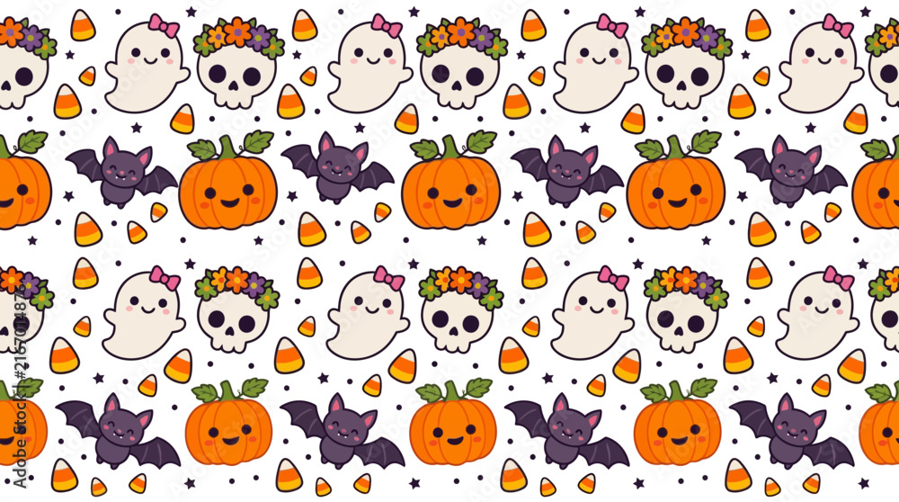 Fototapeta premium Cute Halloween Kawaii Pattern with Ghosts, Pumpkins, and Bats