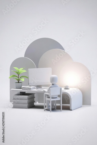 3D illustration of a minimalist home office setup featuring a desk, computer monitor, potted plant, and abstract cloud-shaped background elements in soft colors