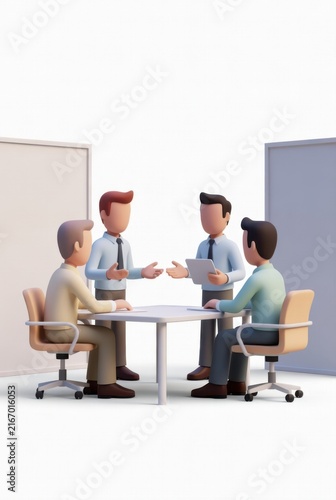 Four 3D business characters in formal attire engaged in a discussion around a table with blank partitions in a modern office setting