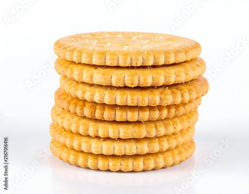 Pile of circular golden snack crackers on white.