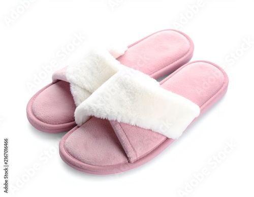 Pink open toe slippers with white faux fur