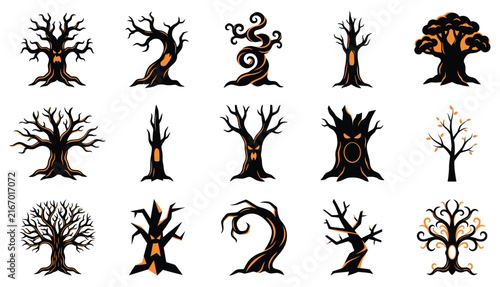 A collection of various spooky leafless tree silhouettes designed for creative halloween themed graphic design projects and decorations