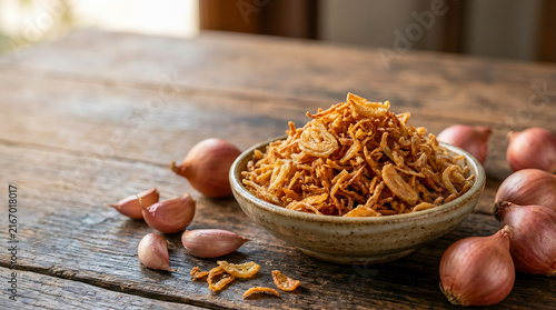 Crispy Fried Shallots in Small Bowl on Wooden Table