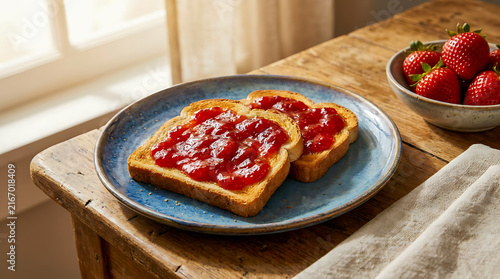Toasted Bread with Strawberry Jam for Breakfast
