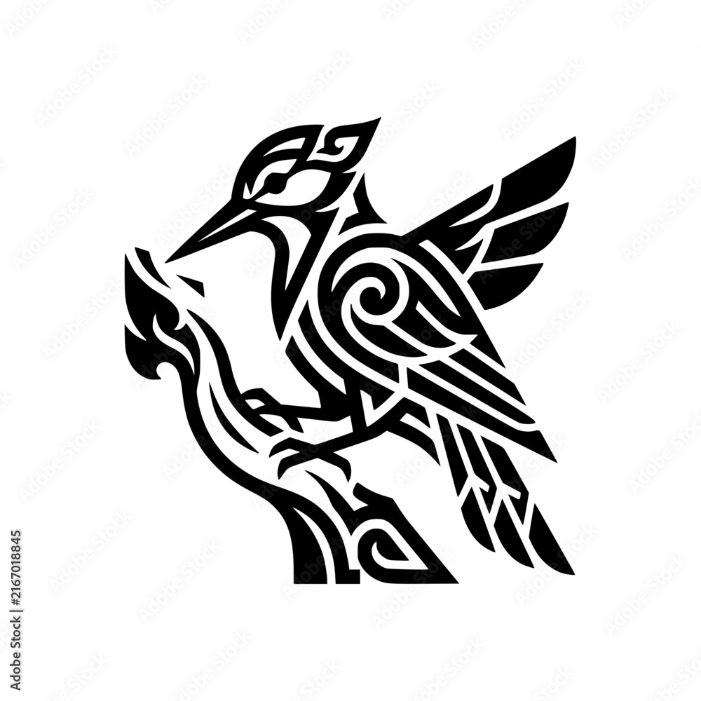 Obraz premium Tribal Hummingbird: An artistic tribal-inspired hummingbird with intricate patterns perched on a branch, symbolizing grace, speed, and beauty.