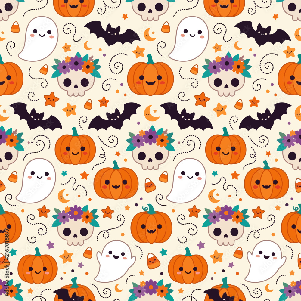 Fototapeta premium Cute Halloween Pattern with Ghosts, Skulls, and Pumpkins
