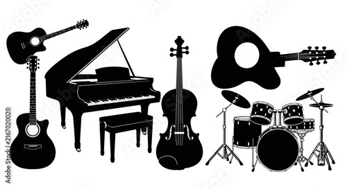 Canvas Print Silhouettes of various musical instruments on white background with instruments