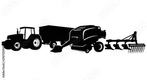 Картината върху платно Tractor with hay baler and rake on white background with black silhouette tracto