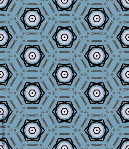 Geometric pattern features repeating hexagons. Hexagons have black outlines with white centers. Light blue background holds small gray dots. Design creates a symmetrical, kaleidoscopic effect