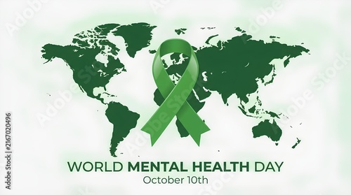 Global map for World Mental Health Day with green ribbon.