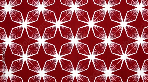Geometric white star and hexagonal pattern on a vibrant red background.