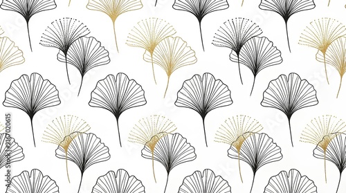 Ginkgo biloba leaf pattern with gold and black outlines.