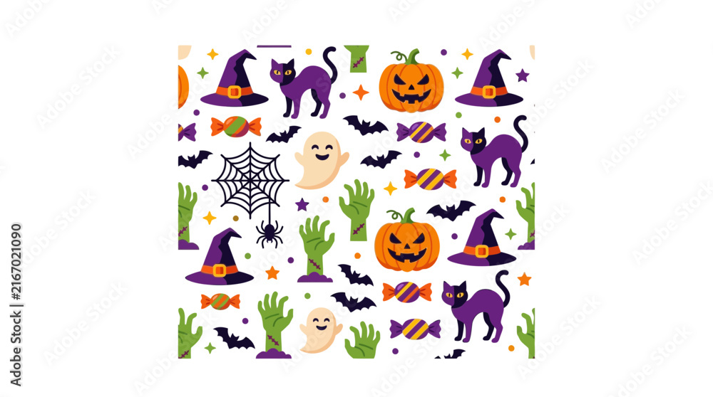 Fototapeta premium Halloween Cute Pattern with Cats, Pumpkins, and Ghosts