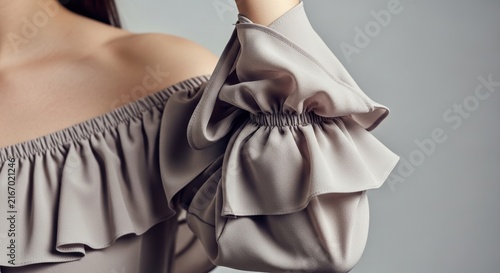 woman wearing a stylish grey ruffled off shoulder summer dress top