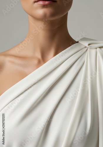 woman wearing a white draped silk dress in a close up portrait shot