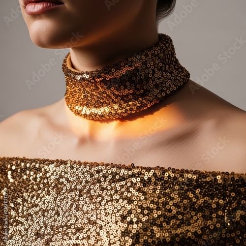 Woman wearing a gold sequin top and a matching choker necklace for a party look