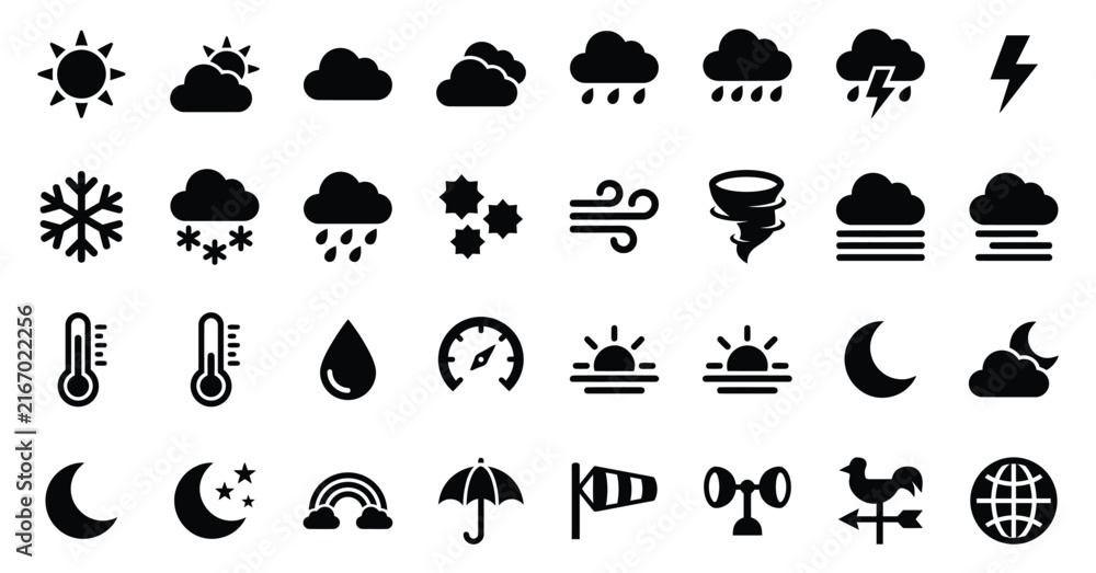 Fototapeta premium Set of black weather icons representing various atmospheric conditions including sun clouds rain snow and wind