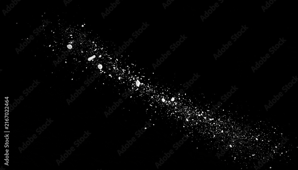 Fototapeta premium Abstract White Powder Dust Explosion Cloud Particles on Black Background Dynamic Motion Splatter Effect