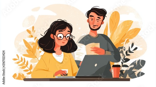 social media online content, freelance worker, working online, content creator, woman using laptop, man reading blog online on computer