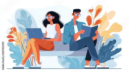 social media online content, freelance worker, working online, content creator, woman using laptop, man reading blog online on computer