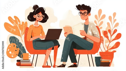 social media online content, freelance worker, working online, content creator, woman using laptop, man reading blog online on computer