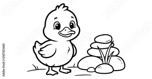 A cute little duckling standing next to a small bush for a fun and creative printable coloring page activity