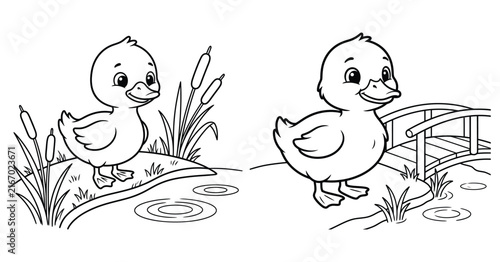 A cute black and white coloring page featuring two adorable baby ducklings playing near a small wooden bridge