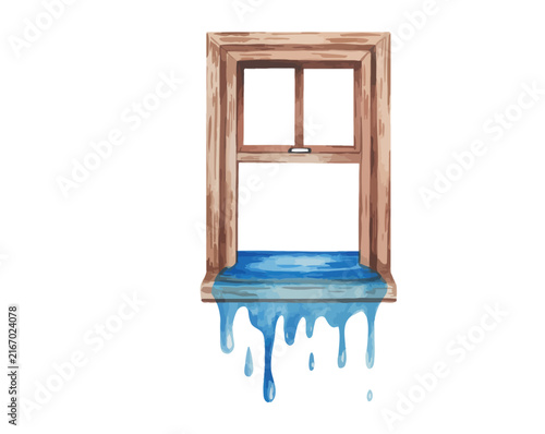 Watercolor Window With Flowing Water Instead of Glass, Surreal Abstract Architecture Vector Illustration Isolated on White
