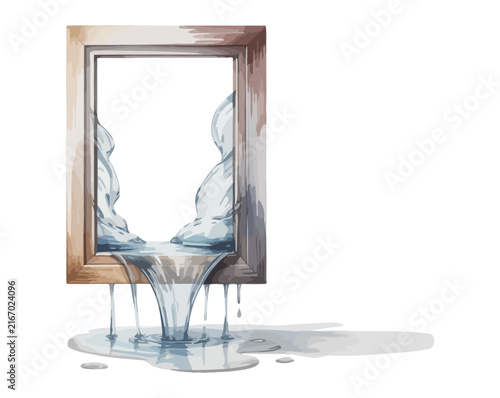 Surreal Watercolor Window With Water Dripping Instead of Glass, Abstract Liquid Concept Vector Illustration Isolated on White Background