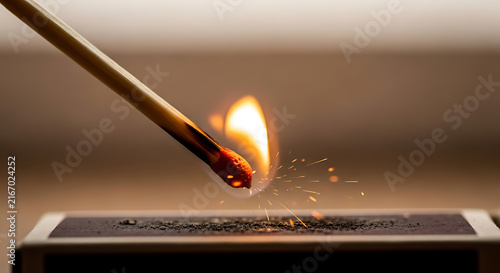 Close up of burning matchstick with bright flame and sparks igniting against dark background.