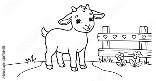A cute baby goat standing near a wooden fence in this simple black and white coloring page design