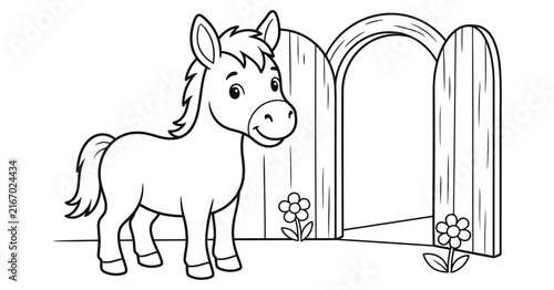 A cute little pony standing near an open stable door in this fun and simple educational coloring page design