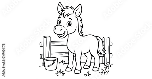 A cute little horse standing near a wooden fence in a farmyard for a fun kids coloring page activity