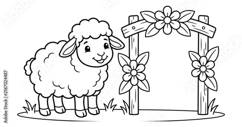 A cute little sheep standing next to a beautiful wooden garden archway in this fun printable coloring page design