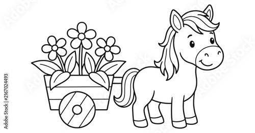 A cute little horse pulling a wooden cart filled with beautiful blooming flowers in this fun coloring page