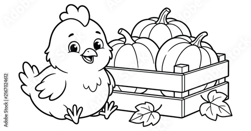 A cute cartoon chicken sitting next to a wooden crate filled with fresh autumn pumpkins coloring page design
