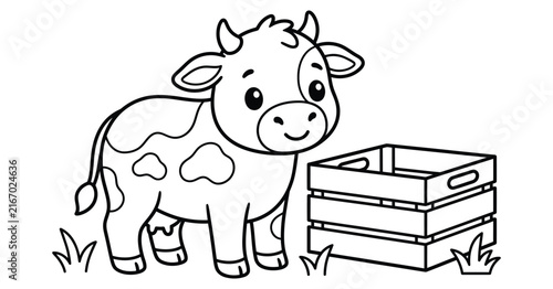 A cute little cow standing next to a wooden crate in a field for a fun coloring page activity