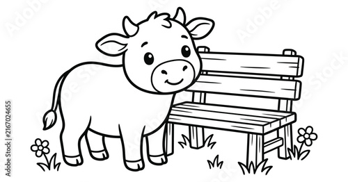 A cute cartoon cow standing next to a wooden bench in a garden for a fun coloring page activity