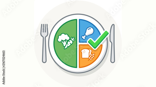 Balanced healthy meal plate illustration with checkmark