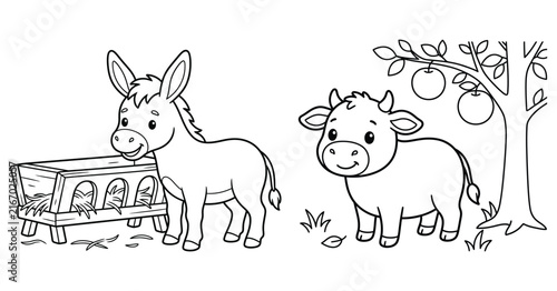 A cute farm animal coloring page featuring a friendly donkey near a trough and a small calf standing nearby