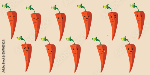 Cute carrot mascot character emoji set displaying various facial expressions vector illustration