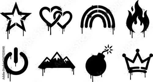 Картината върху платно Black and White Graffiti Miscellaneous Icon Set with Crown Star Flame and Paint