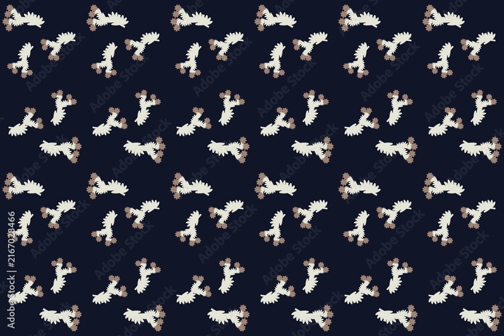 Fototapeta premium Seamless botanical pattern with serrated palmate leaves and roses in midnight blue
