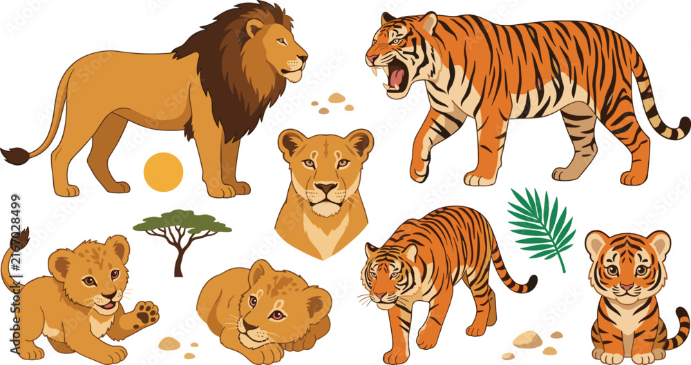 Obraz premium Wild Lion and Tiger Character Collection with Adult Animals and Cute Cubs for Safari, Wildlife, Zoo, Children’s Books and Illustrations