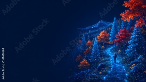 Winding forest trail path through glowing autumn trees and pine woods at night. autumn fall season landscape illustration colorful environment background wallpaper. autumn. fall season